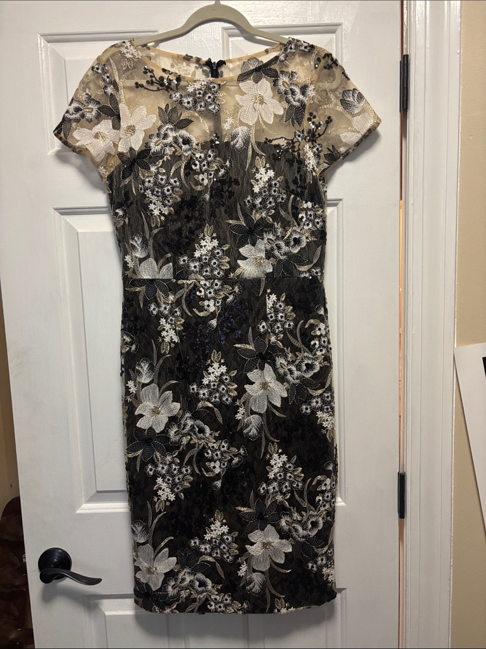 David Meister Black and Cream Floral Lace Midi Dress